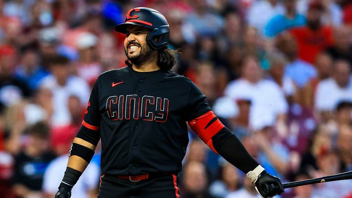 Aug 14, 2026; Cincinnati, Ohio, USA; Cincinnati Reds designated hitter Eugenio Suarez (28) reacts after striking out in the eighth inning against the Miami Marlins at Great American Ball Park. Mandatory Credit: Katie Stratman-Imagn Images
