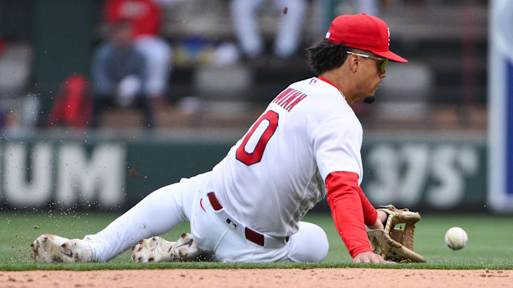 Apr 1, 2026; St. Louis, Missouri, USA; St. Louis Cardinals shortstop Masyn Winn (0) slides and fields a ground ball against the New York Mets during the eighth inning at Busch Stadium. Mandatory Credit: Jeff Curry-Imagn Images Apr 1, 2026; St. Louis, Missouri, USA; St. Louis Cardinals shortstop Masyn Winn (0) slides and fields a ground ball against the New York Mets during the eighth inning at Busch Stadium. Mandatory Credit: Jeff Curry-Imagn Images