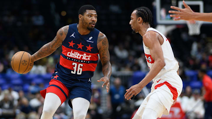 Mar 24, 2025; Washington, District of Columbia, USA; Washington Wizards guard Marcus Smart (36) handles the ball during the second quarter against the Toronto Raptors at Capital One Arena. Mandatory Credit: Reggie Hildred-Imagn Images