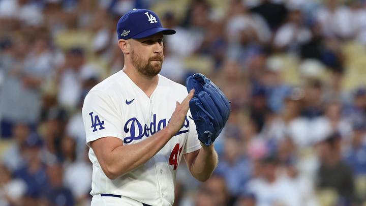 Oct 4, 2026; Los Angeles, California, USA; Los Angeles Dodgers pitcher Brock Stewart (41) reacts after the fourth inning against the Atlanta Braves in game two of the NLDS for the 2026 MLB Playoffs at Uniqlo Field at Dodger Stadium. Mandatory Credit: Kiyoshi Mio-Imagn Images Oct 4, 2026; Los Angeles, California, USA; Los Angeles Dodgers pitcher Brock Stewart (41) reacts after the fourth inning against the Atlanta Braves in game two of the NLDS for the 2026 MLB Playoffs at Uniqlo Field at Dodger Stadium. Mandatory Credit: Kiyoshi Mio-Imagn Images