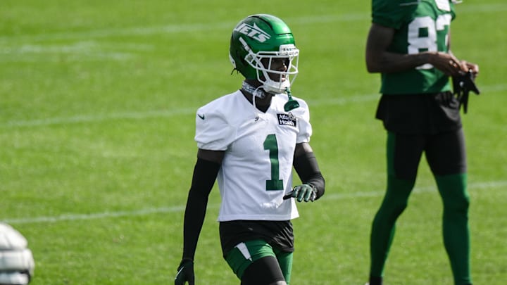 Jul 23, 2025; Florham Park, NY, USA; New York Jets cornerback Sauce Gardner (1) warms up during training camp at Atlantic Health Jets Training Center. Mandatory Credit: John Jones-Imagn Images