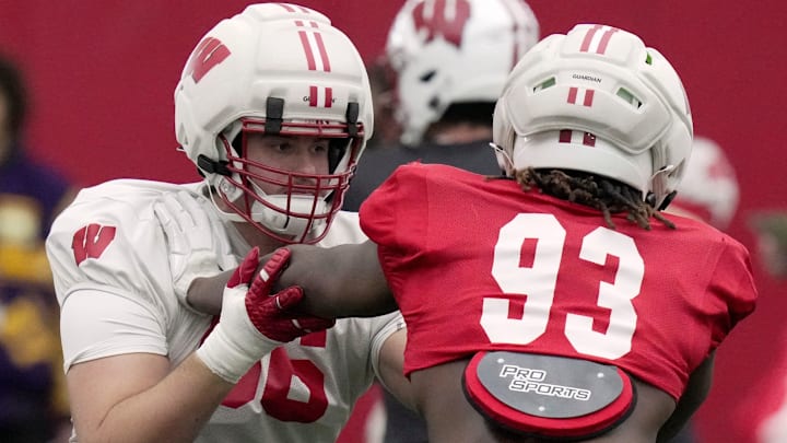 Wisconsin Badgers offensive lineman Leyton Nelson (66) entered the transfer portal on the last day he could.