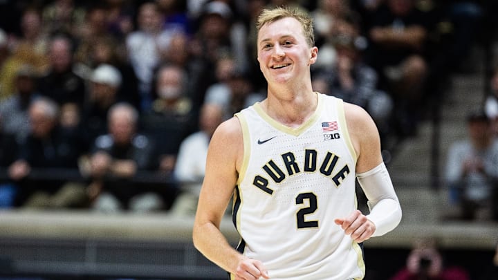Purdue Boilermakers guard Fletcher Loyer (2) smiles after a made basket. Purdue Boilermakers guard Fletcher Loyer (2) smiles after a made basket.