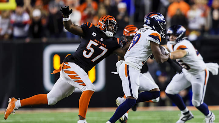 Dec 28, 2024; Cincinnati, Ohio, USA; Cincinnati Bengals linebacker Germaine Pratt (57) chases after Denver Broncos wide receiver Marvin Mims Jr. (19) in the first half at Paycor Stadium. Dec 28, 2024; Cincinnati, Ohio, USA; Cincinnati Bengals linebacker Germaine Pratt (57) chases after Denver Broncos wide receiver Marvin Mims Jr. (19) in the first half at Paycor Stadium.