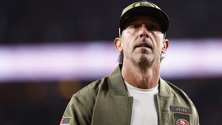 Nov 24, 2025; Santa Clara, California, USA; San Francisco 49ers head coach Kyle Shanahan walk off the field after defeating the Carolina Panthers at Levi's Stadium. Mandatory Credit: Kelley L Cox-Imagn Images