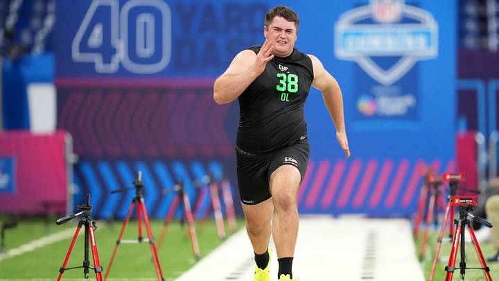 Mar 1, 2026; Indianapolis, IN, USA; Duke offensive lineman Brian Parker (OL38) during the NFL Scouting Combine at Lucas Oil Stadium. Mandatory Credit: Kirby Lee-Imagn Images Mar 1, 2026; Indianapolis, IN, USA; Duke offensive lineman Brian Parker (OL38) during the NFL Scouting Combine at Lucas Oil Stadium. Mandatory Credit: Kirby Lee-Imagn Images
