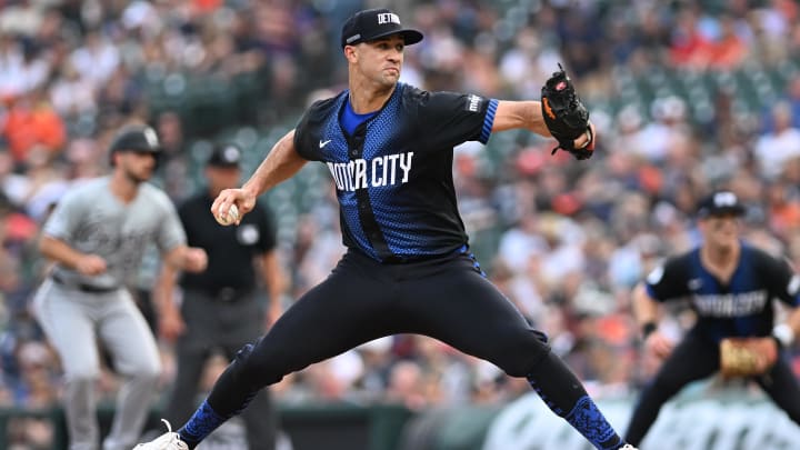 Jun 21, 2024; Detroit, Michigan, USA; Detroit Tigers starting pitcher Jack Flaherty (9) throws a pitch against the Chicago White Sox in the second inning at Comerica Park.