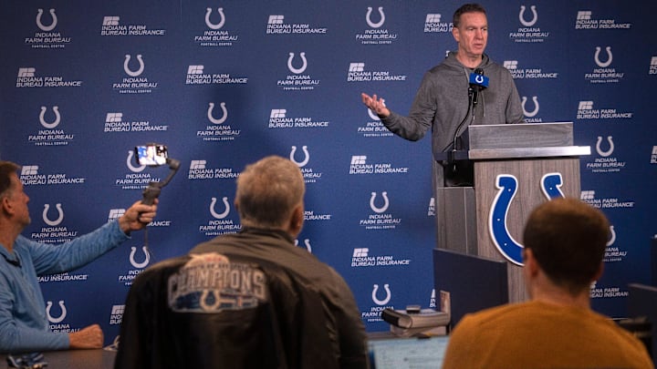 New Indianapolis Colts Defensive Coordinator Lou Anarumo speaks during a press conference Thursday, Jan. 23, 2025 at the Colts practice facility, the Indiana Farm Bureau Football Center.
