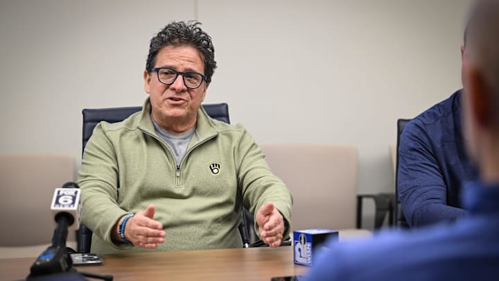 Milwaukee Brewers principal owner Mark Attanasio speaks with reporters Tuesday, February 17, 2026, at American Family Fields of Phoenix in Phoenix, Arizona.