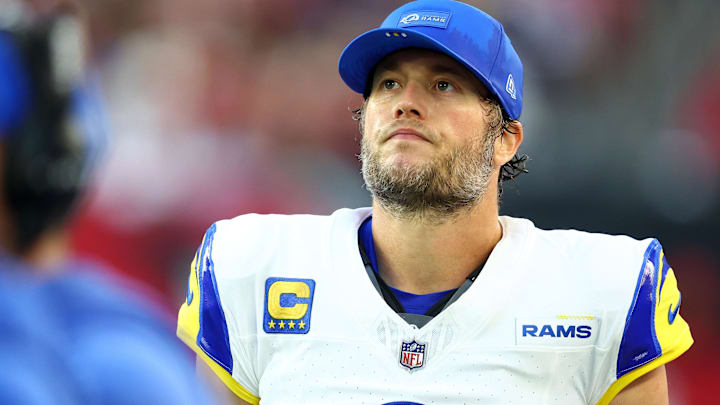 Dec 7, 2025; Glendale, Arizona, USA; Los Angeles Rams quarterback Matthew Stafford (9) during the second half at State Farm Stadium.