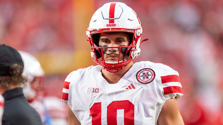 Converted tight end Heinrich Haarberg during the Huskers' 2025 game vs. Cincinnati at Arrowhead Stadium in Kansas City