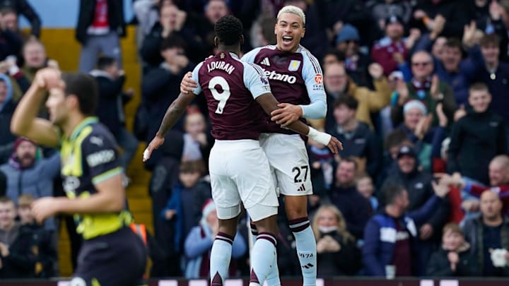 Morgan Rogers (27) and Jhon Duran celebrating Aston Villa's opening goal in their 2–1 win on Saturday afternoon.