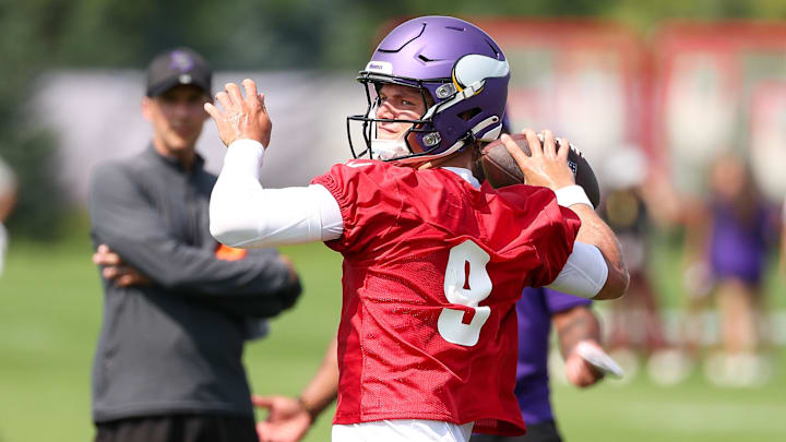 Jul 29, 2025; Eagan, MN, USA; Minnesota Vikings quarterback J.J. McCarthy (9) takes part in drills during the teams training camp at the Minnesota Vikings Training Facility.