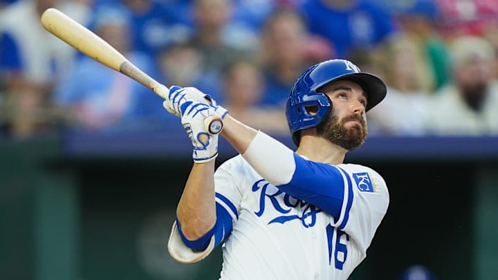 Aug 18, 2025; Kansas City, Missouri, USA; Kansas City Royals outfielder John Rave (16) bats during the third inning against the Texas Rangers at Kauffman Stadium. Mandatory Credit: Jay Biggerstaff-Imagn Images