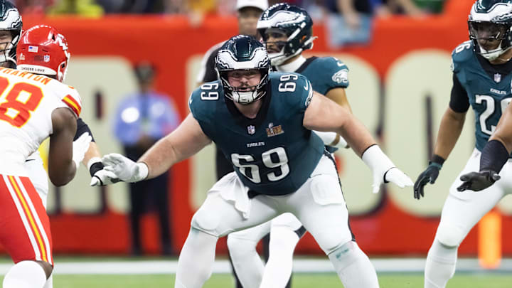 Feb 9, 2025; New Orleans, LA, USA; Philadelphia Eagles guard Landon Dickerson (69) against the Kansas City Chiefs during Super Bowl LIX at Ceasars Superdome. Mandatory Credit: Mark J. Rebilas-Imagn Images Feb 9, 2025; New Orleans, LA, USA; Philadelphia Eagles guard Landon Dickerson (69) against the Kansas City Chiefs during Super Bowl LIX at Ceasars Superdome. Mandatory Credit: Mark J. Rebilas-Imagn Images