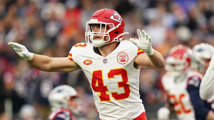 Dec 17, 2023; Foxborough, Massachusetts, USA; Kansas City Chiefs linebacker Jack Cochrane (43) reacts after the New England Patriots miss the field goal attempt in the first quarter at Gillette Stadium. Mandatory Credit: David Butler II-Imagn Images