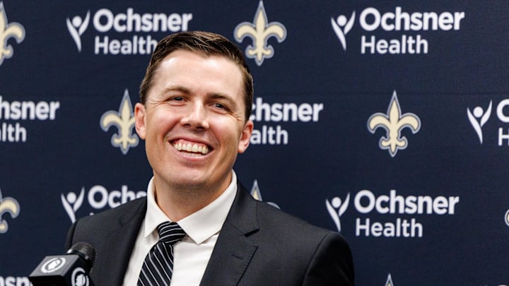 Feb 13, 2025; New Orleans, LA, USA; New Orleans Saints introduce Kellen Moore as the head coach and he addresses the media at Ochsner Sports Performance Center. Mandatory Credit: Stephen Lew-Imagn Images Feb 13, 2025; New Orleans, LA, USA; New Orleans Saints introduce Kellen Moore as the head coach and he addresses the media at Ochsner Sports Performance Center. Mandatory Credit: Stephen Lew-Imagn Images