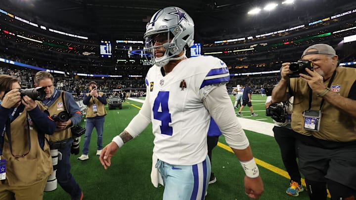 Jan 14, 2024; Arlington, Texas, USA; Dallas Cowboys quarterback Dak Prescott (4) walks off the field