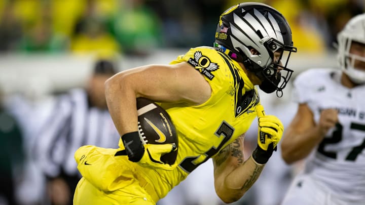 Oregon Ducks tight end Terrance Ferguson picks up yards as the Ducks host the Spartans Friday, Oct. 4, 2024 at Autzen Stadium in Eugene, Ore. Oregon Ducks tight end Terrance Ferguson picks up yards as the Ducks host the Spartans Friday, Oct. 4, 2024 at Autzen Stadium in Eugene, Ore.