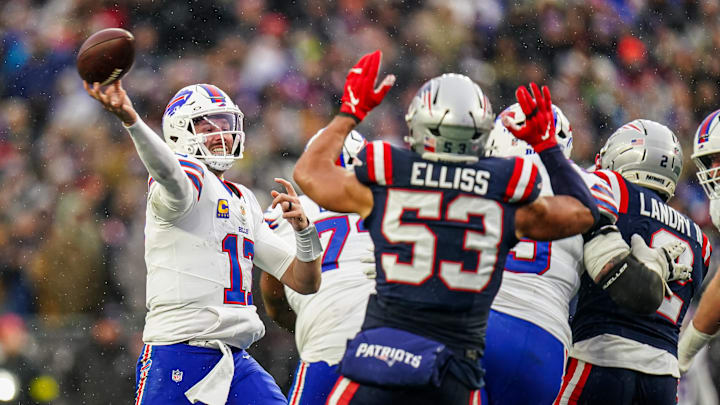 Dec 14, 2025; Foxborough, Massachusetts, USA; Buffalo Bills quarterback Josh Allen (17) passes the ball against the New England Patriots in the second half at Gillette Stadium. Dec 14, 2025; Foxborough, Massachusetts, USA; Buffalo Bills quarterback Josh Allen (17) passes the ball against the New England Patriots in the second half at Gillette Stadium.