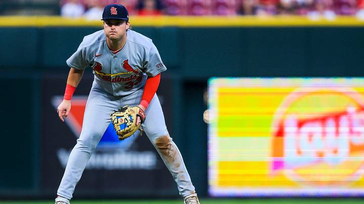 Aug 17, 2026; Cincinnati, Ohio, USA; St. Louis Cardinals third baseman Blaze Jordan (33) prepares for the pitch in the sixth inning against the Cincinnati Reds at Great American Ball Park. Mandatory Credit: Katie Stratman-Imagn Images