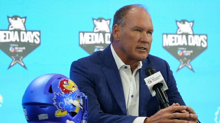 Jul 9, 2025; Frisco, TX, USA; Kansas head coach Lance Leipold speaks with the media during 2025 Big 12 Football Media Days at The Star. Mandatory Credit: Raymond Carlin III-Imagn Images Jul 9, 2025; Frisco, TX, USA; Kansas head coach Lance Leipold speaks with the media during 2025 Big 12 Football Media Days at The Star. Mandatory Credit: Raymond Carlin III-Imagn Images