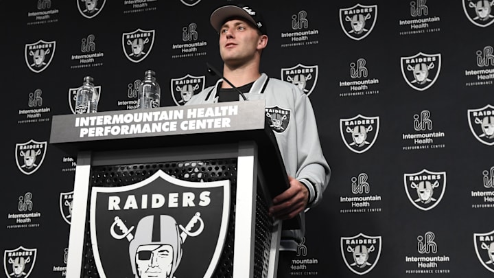 Apr 26, 2024; Henderson, NV, USA; Las Vegas Raiders tight end Brock Bowers speaks to the media at