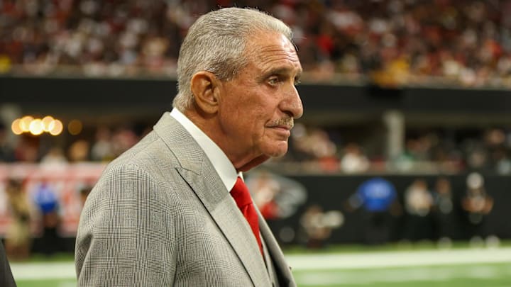 Sep 8, 2024; Atlanta, Georgia, USA; Atlanta Falcons owner Arthur Blank watches a game from the sideline against the Pittsburgh Steelers in the fourth quarter at Mercedes-Benz Stadium. Mandatory Credit: Brett Davis-Imagn Images
