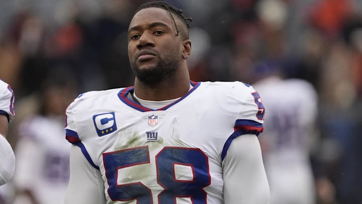 New York Giants linebacker Bobby Okereke leaves the field after losing to the Chicago Bears at Soldier Field. New York Giants linebacker Bobby Okereke leaves the field after losing to the Chicago Bears at Soldier Field.
