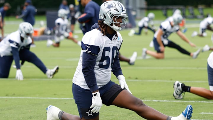 Dallas Cowboys OT Tyler Guyton goes through a drill during practice at the Ford Center at the Star Training Facility.