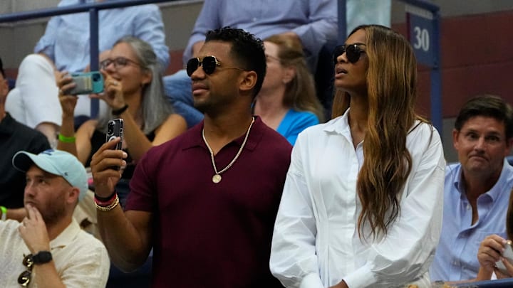 Sept 2, 2022; Flushing, NY, USA; Russel Wilson and Ciara attending the Serena Williams of the USA vs Ajla Tomljanovic of Australia match on day five of the 2022 U.S. Open tennis tournament at USTA Billie Jean King National Tennis Center. 