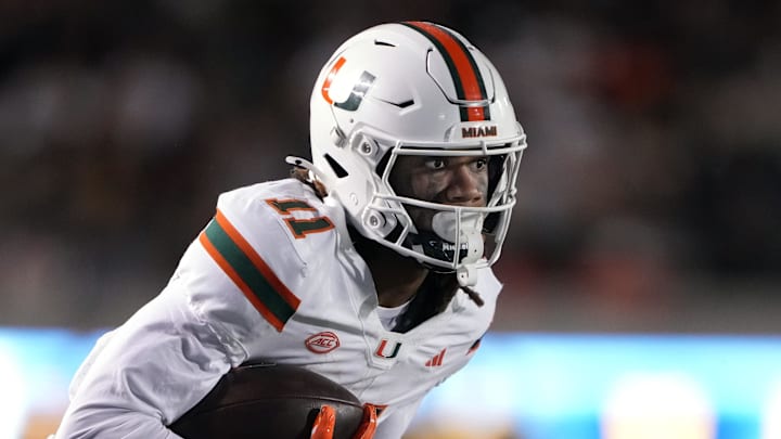 Oct 5, 2024; Berkeley, California, USA; Miami Hurricanes wide receiver Samuel Brown (11) runs after a catch against the California Golden Bears during the third quarter at California Memorial Stadium. Mandatory Credit: Darren Yamashita-Imagn Images Oct 5, 2024; Berkeley, California, USA; Miami Hurricanes wide receiver Samuel Brown (11) runs after a catch against the California Golden Bears during the third quarter at California Memorial Stadium. Mandatory Credit: Darren Yamashita-Imagn Images
