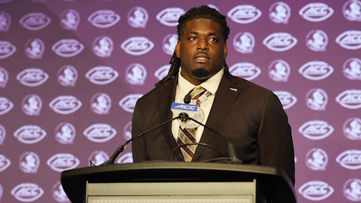 Jul 22, 2024; Charlotte, NC, USA; Florida State defensive tackle Joshua Farmer speaks to the media during ACC Kickoff at Hilton Charlotte Uptown. Mandatory Credit: Jim Dedmon-Imagn Images