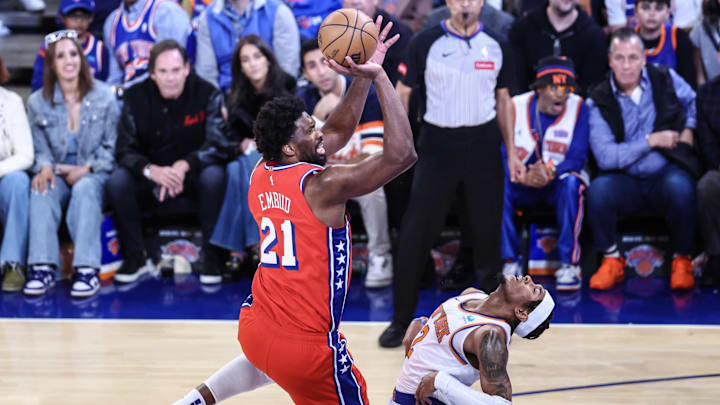 Apr 20, 2024; New York, New York, USA; Philadelphia 76ers center Joel Embiid (21) shoots over New