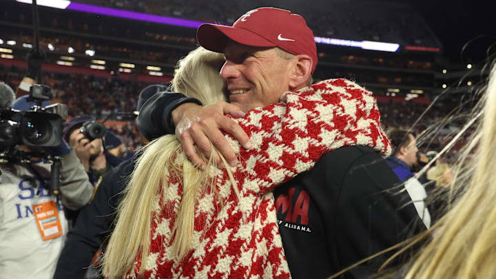 Nov 29, 2025; Auburn, Alabama, USA; Alabama Crimson Tide head coach Kalen Deboer reacts after the game against the Auburn Tigers at Jordan-Hare Stadium. Mandatory Credit: John Reed-Imagn Images