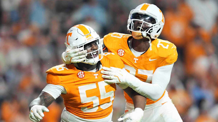 Tennessee defensive lineman James Pearce Jr. (27) celebrates Tennessee defensive lineman Omarr Norman-Lott’s (55) sack during an NCAA college football game between Tennessee and Mississippi State at Neyland Stadium in Knoxville, Tenn., Saturday, Nov. 9, 2024. Tennessee defensive lineman James Pearce Jr. (27) celebrates Tennessee defensive lineman Omarr Norman-Lott’s (55) sack during an NCAA college football game between Tennessee and Mississippi State at Neyland Stadium in Knoxville, Tenn., Saturday, Nov. 9, 2024.