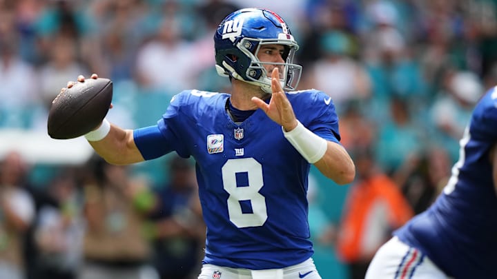 Oct 8, 2023; Miami Gardens, Florida, USA; New York Giants quarterback Daniel Jones (8) attempts a pass agianst the Miami Dolphins.