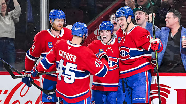 Mar 15, 2025; Montreal, Quebec, CAN; Montreal Canadiens right wing Cole Caufield (13) celebrates with his teammates his goal against the Florida Panthers in the first period at Bell Centre. Mandatory Credit: David Kirouac-Imagn Images