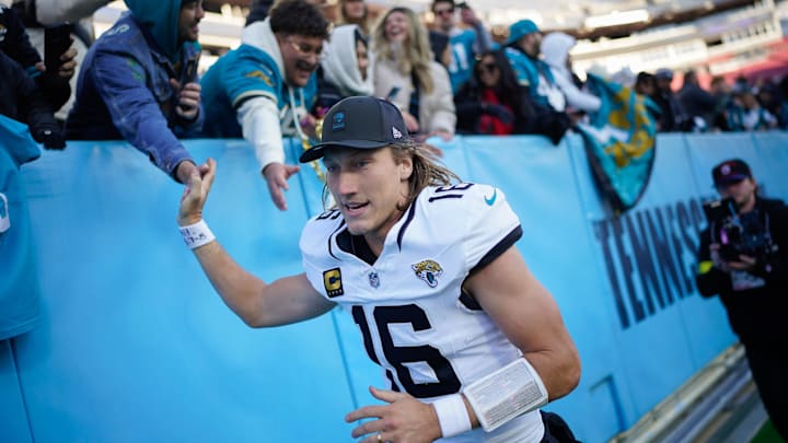 Jacksonville Jaguars quarterback Trevor Lawrence (16) celebrates the victory over the Tennessee Titans after the game at Nissan Stadium in Nashville, Tenn., Sunday, Nov. 30, 2025.