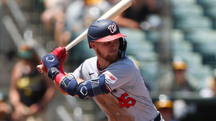 Jul 19, 2026; West Sacramento, California, USA; Washington Nationals third baseman Curtis Mead (45) bats during the third inning against the Athletics at Sutter Health Park. Mandatory Credit: Scott Marshall-Imagn Images