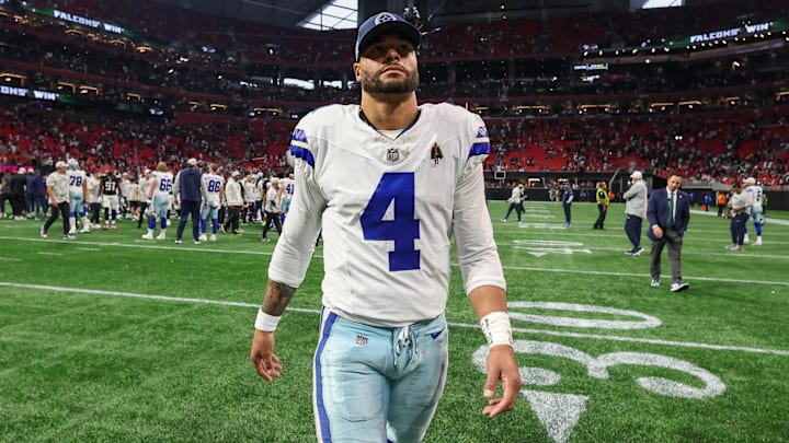 Nov 3, 2024; Atlanta, Georgia, USA; Dallas Cowboys quarterback Dak Prescott (4) walks off the field after a game against the Atlanta Falcons at Mercedes-Benz Stadium. Nov 3, 2024; Atlanta, Georgia, USA; Dallas Cowboys quarterback Dak Prescott (4) walks off the field after a game against the Atlanta Falcons at Mercedes-Benz Stadium.