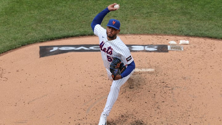 Apr 30, 2026; New York City, New York, USA; New York Mets starting pitcher Freddy Peralta (51) pitches against the Washington Nationals during the fifth inning at Citi Field. Mandatory Credit: Brad Penner-Imagn Images