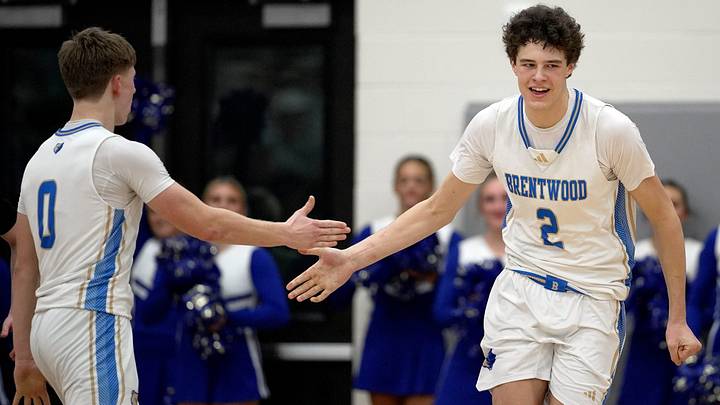 Brentwood's Davis Cochran (2) celebrates with Parker Emerson (0) after making a basket against Franklin during a TSSAA high school basketball Region 6-4A semifinal game Tuesday, March 3, 2026, in Franklin, Tenn.