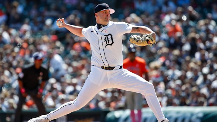 Detroit Tigers pitcher Alex Lange (55) throws against Houston Astros during the eighth inning at Comerica Park in Detroit on Sunday, May 12, 2024. Detroit Tigers pitcher Alex Lange (55) throws against Houston Astros during the eighth inning at Comerica Park in Detroit on Sunday, May 12, 2024.