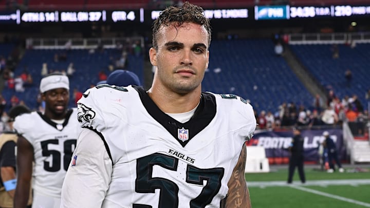 Aug 15, 2024; Foxborough, MA, USA; Philadelphia Eagles linebacker Ben VanSumeren (57) leaves the field after a game against the New England Patriots at Gillette Stadium. Mandatory Credit: Eric Canha-Imagn Images
