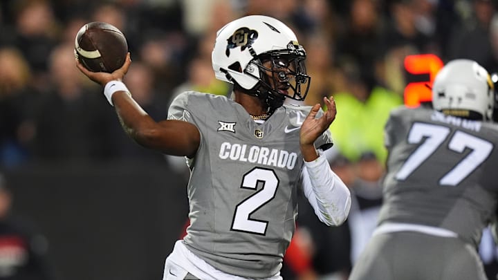 Oct 26, 2024; Boulder, Colorado, USA; Colorado Buffaloes quarterback Shedeur Sanders (2) prepares to pass in the second half against the Cincinnati Bearcats at Folsom Field.  