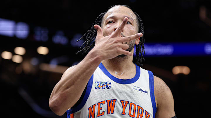 Mar 20, 2026; Brooklyn, New York, USA; New York Knicks guard Jalen Brunson (11) reacts after making a three point basket during the first half against the Brooklyn Nets at Barclays Center. Mandatory Credit: Vincent Carchietta-Imagn Images