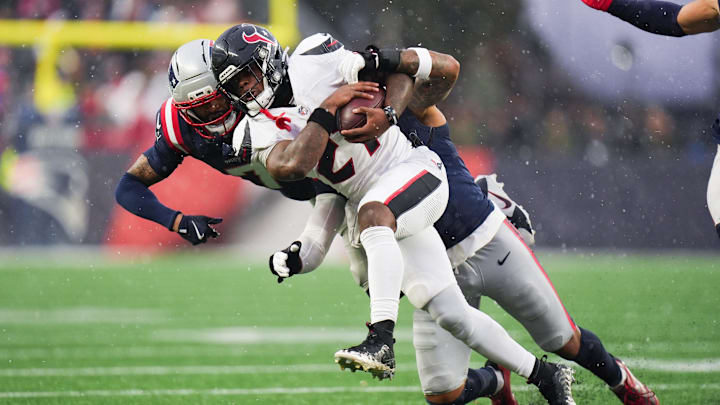 Jan 18, 2026; Foxborough, MA, USA; Houston Texans running back Woody Marks (27) carries the ball in the first half against the New England Patriots in an AFC Divisional Round game at Gillette Stadium. Mandatory Credit: David Butler II-Imagn Images