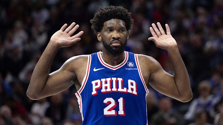 Nov 2, 2023; Philadelphia, Pennsylvania, USA; Philadelphia 76ers center Joel Embiid (21) reacts
