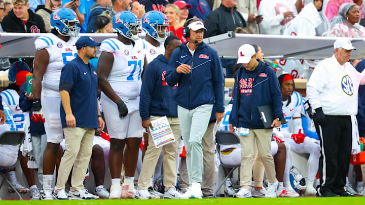 Oct 25, 2025; Norman, Oklahoma, USA;  Ole Miss Rebels head coach Lane Kiffin during the game against the Oklahoma Sooners at Gaylord Family-Oklahoma Memorial Stadium. Mandatory Credit: Kevin Jairaj-Imagn Images